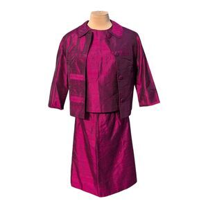Vintage Magenta Brocade Three Piece Suit Set Jacket, Tank & A-Line Skirt Retro